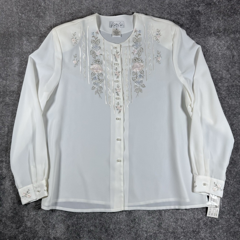 NWT VTG 80s 90s Kathy Che Blouse Women's 18 White Floral Embroidered Long Sleeve